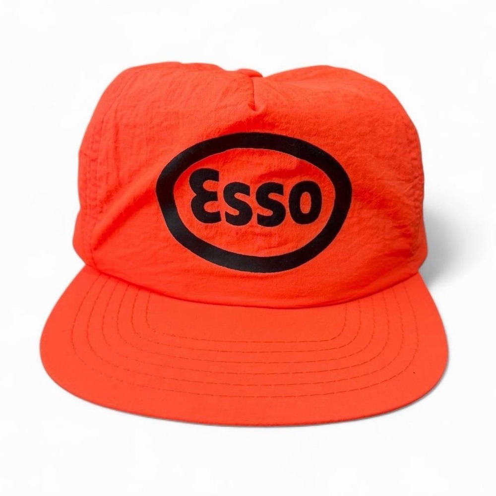 Vintages 90s Orange Esso Gas Station Trucker Baseball Nylon Hat Cap OSFA